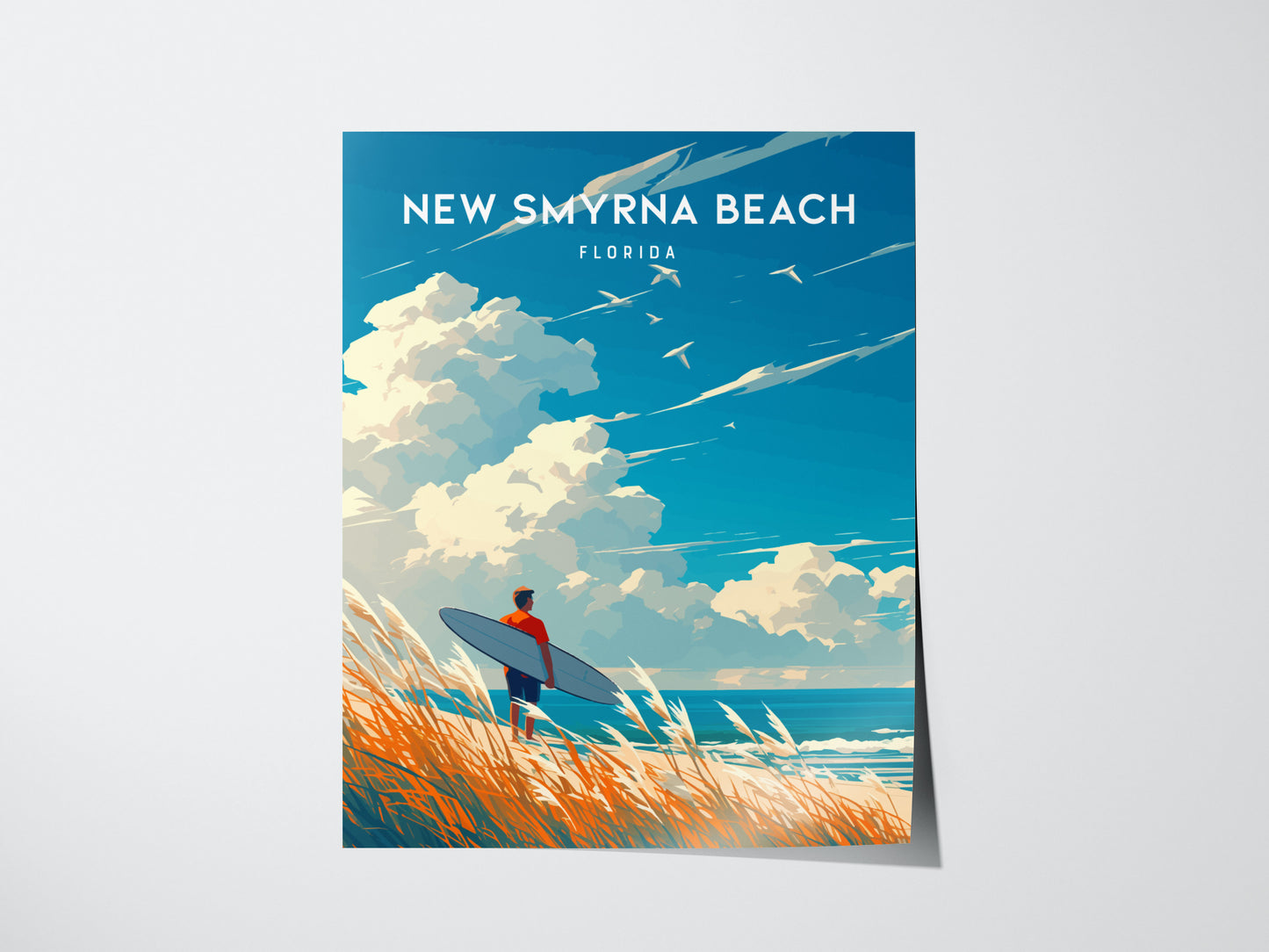 A vibrant poster of New Smyrna Beach shows a surfer holding a board, standing among tall grasses by the ocean. The sky is filled with dramatic clouds and birds.