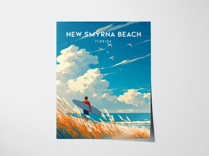 A vibrant poster of New Smyrna Beach shows a surfer holding a board, standing among tall grasses by the ocean. The sky is filled with dramatic clouds and birds.