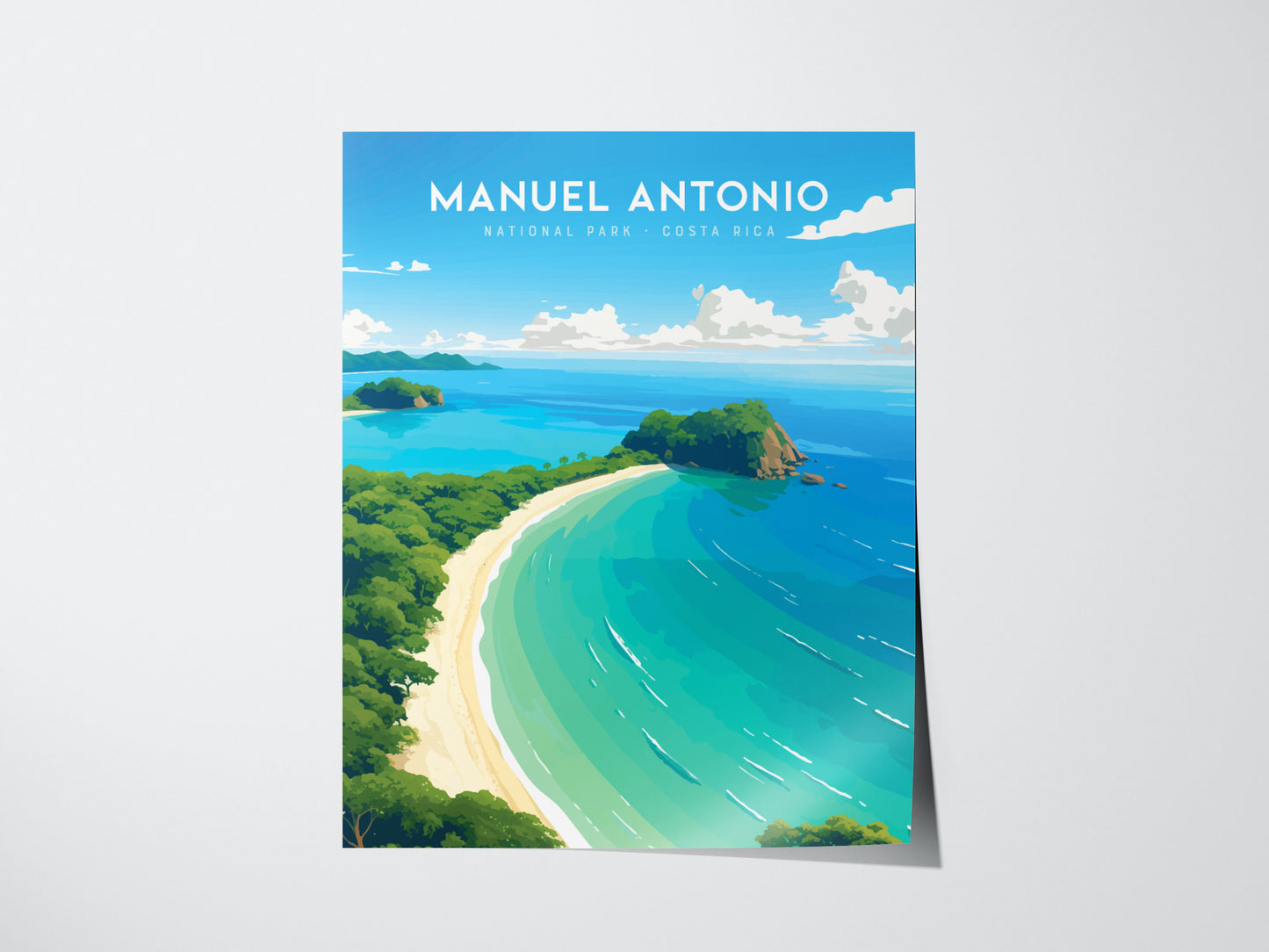 Illustrated poster of Manuel Antonio National Park, Costa Rica, featuring a curved white sand beach, turquoise ocean, and lush green jungle under a bright blue sky with scattered clouds.