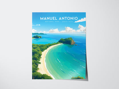 Illustrated poster of Manuel Antonio National Park, Costa Rica, featuring a curved white sand beach, turquoise ocean, and lush green jungle under a bright blue sky with scattered clouds.
