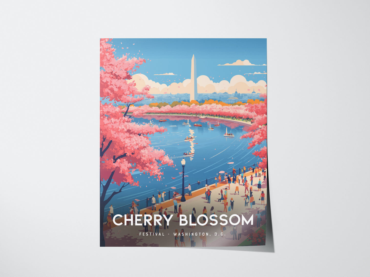 The poster features a vibrant illustration of Washington D.C.s cherry blossom festival, showing pink cherry trees in full bloom around a river with sailboats and the Washington Monument in the background.