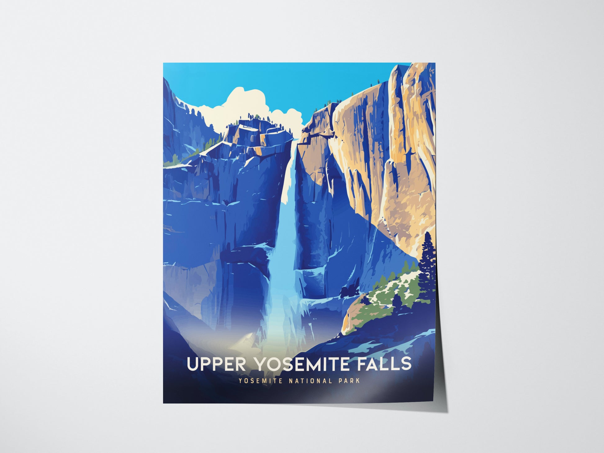 A vibrant poster of Upper Yosemite Falls features a cascading waterfall between striking blue and orange granite cliffs under a clear sky, with text reading Upper Yosemite Falls, Yosemite National.