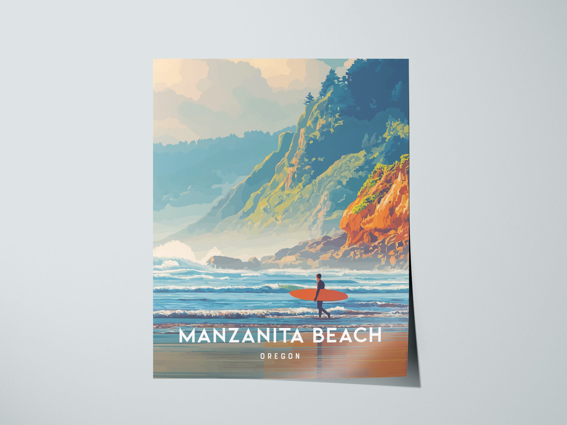A vibrant poster of Manzanita Beach, Oregon, featuring a lone surfer standing on the shore, gazing at the rolling waves.