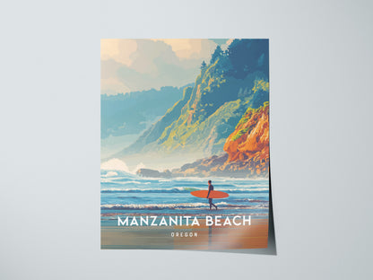 A vibrant poster of Manzanita Beach, Oregon, featuring a lone surfer standing on the shore, gazing at the rolling waves.
