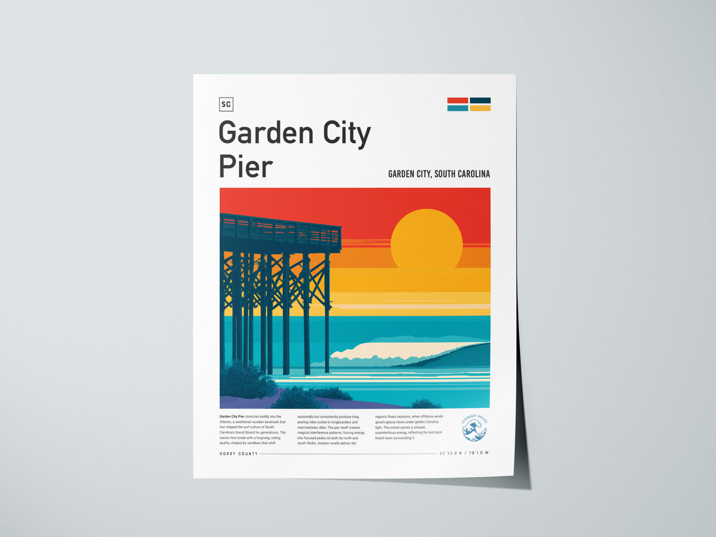 Garden City Pier, Garden City, South Carolina Poster | Surf Waves & Coastal Pier Wall Art — giclée print detail on matte pape