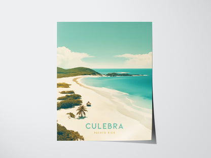 A poster depicts a serene tropical beach scene with turquoise waters, sandy shores, and lush greenery, labeled Culebra, Puerto Rico. The sky is clear with a few clouds.