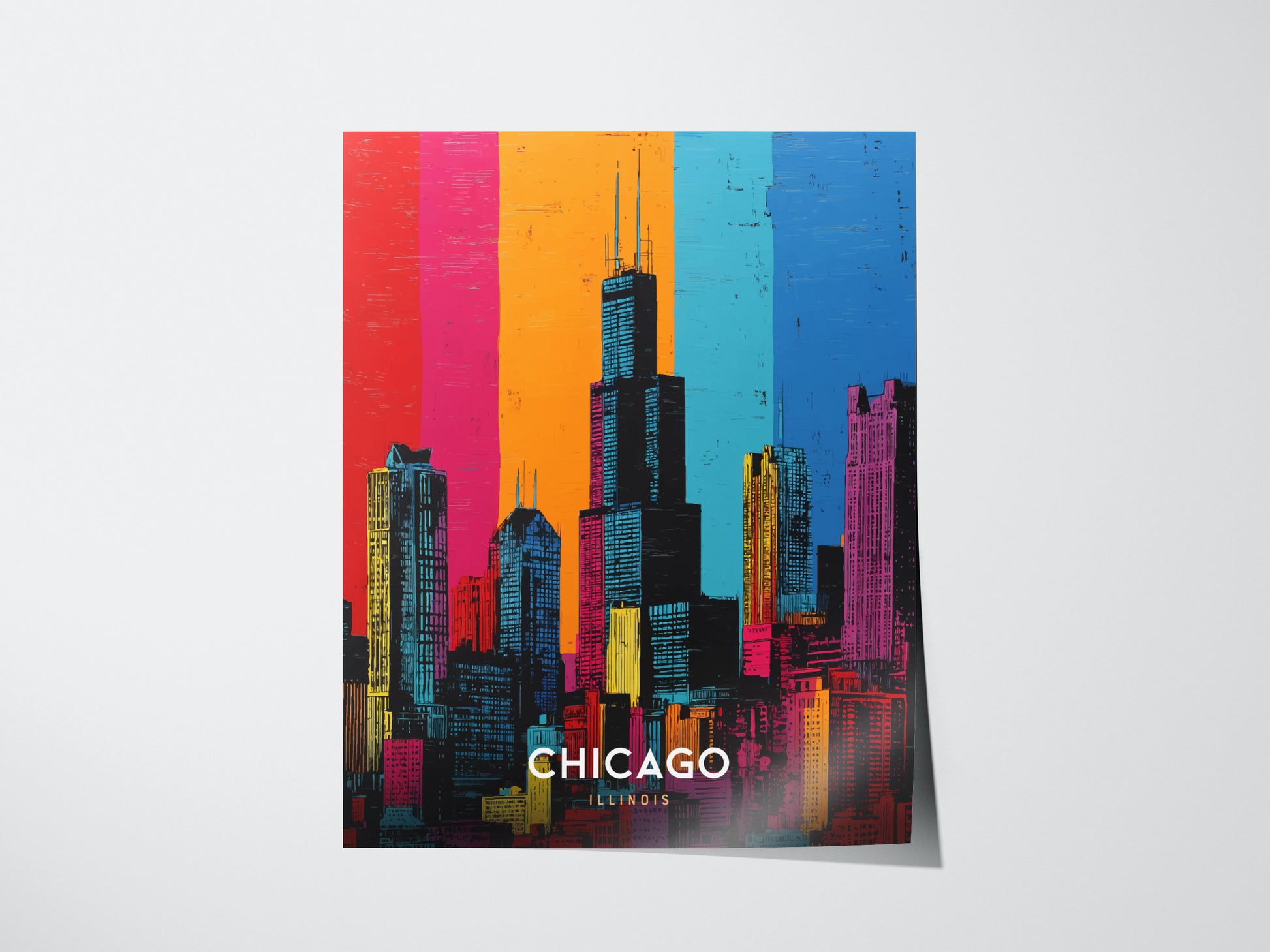 Chicago Skyline Pop Art Poster | Warhol Style Illinois Travel Print | Framed or Unframed
