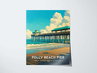 Folly Beach Pier Poster | South Carolina Fishing Wall Art | Framed or Unframed