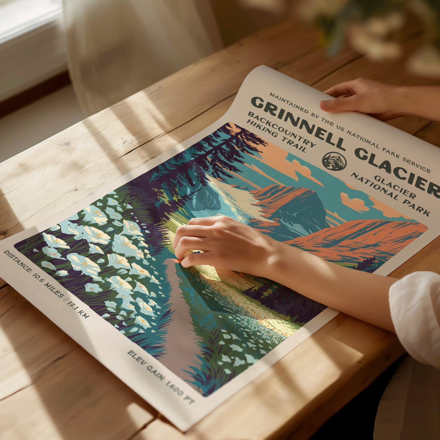 Grinnell Glacier, Glacier National Park Poster | Hiker Gift | Backcountry Trail Wall Art — giclée print detail on matte paper