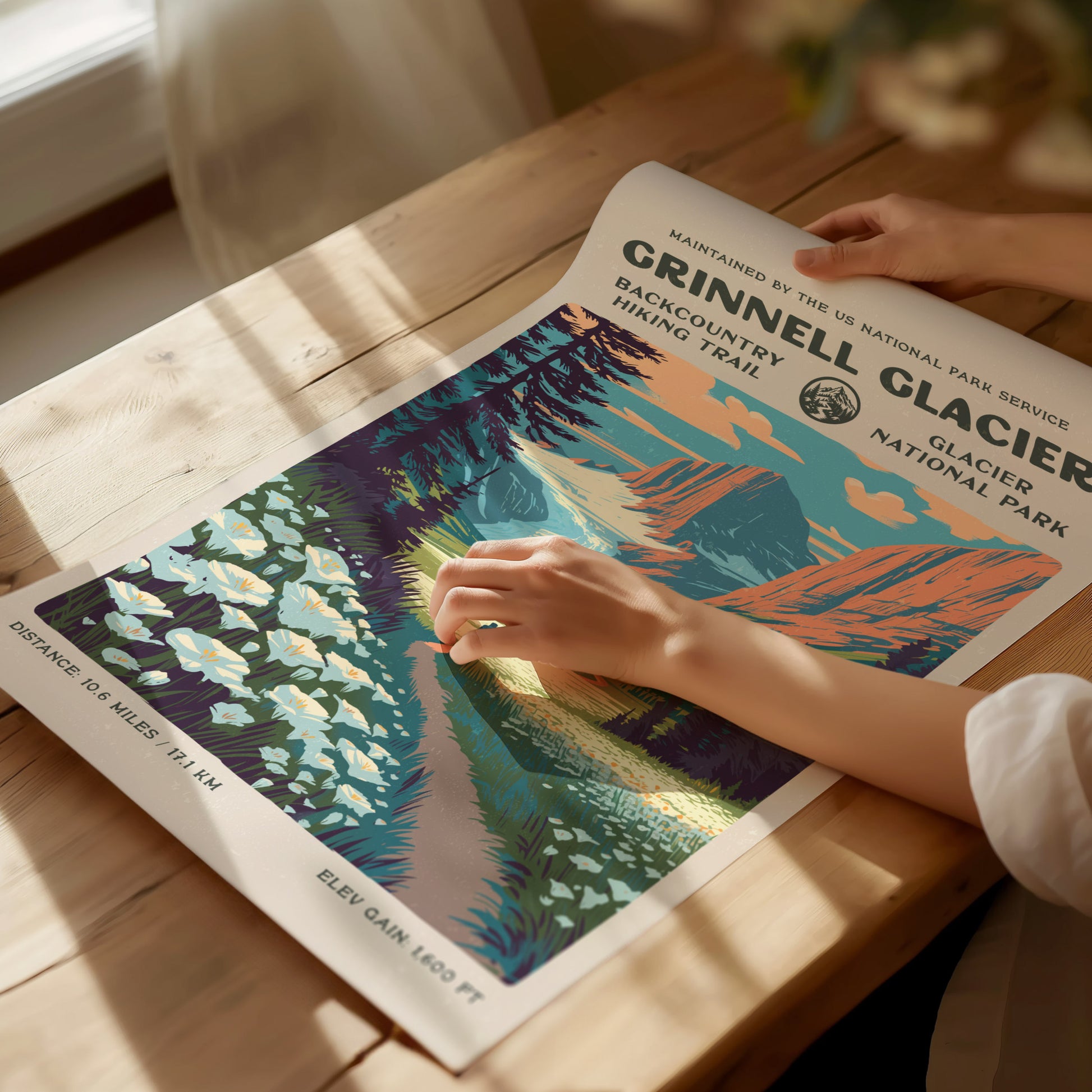 Grinnell Glacier, Glacier National Park Poster | Hiker Gift | Backcountry Trail Wall Art — giclée print detail on matte paper