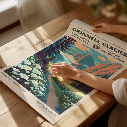 Grinnell Glacier, Glacier National Park Poster | Hiker Gift | Backcountry Trail Wall Art — giclée print detail on matte paper