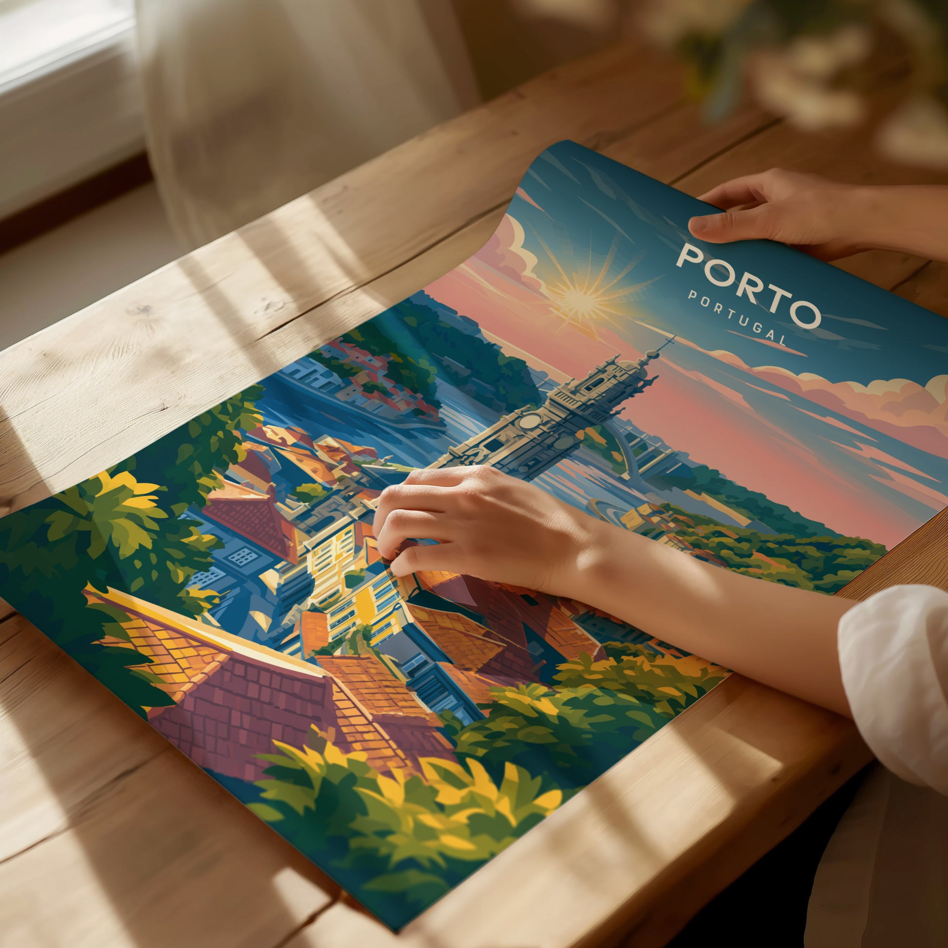 Porto, Portugal Poster | Rabelo Boats & Colorful Riverfront Wall Art — giclée print detail on matte paper