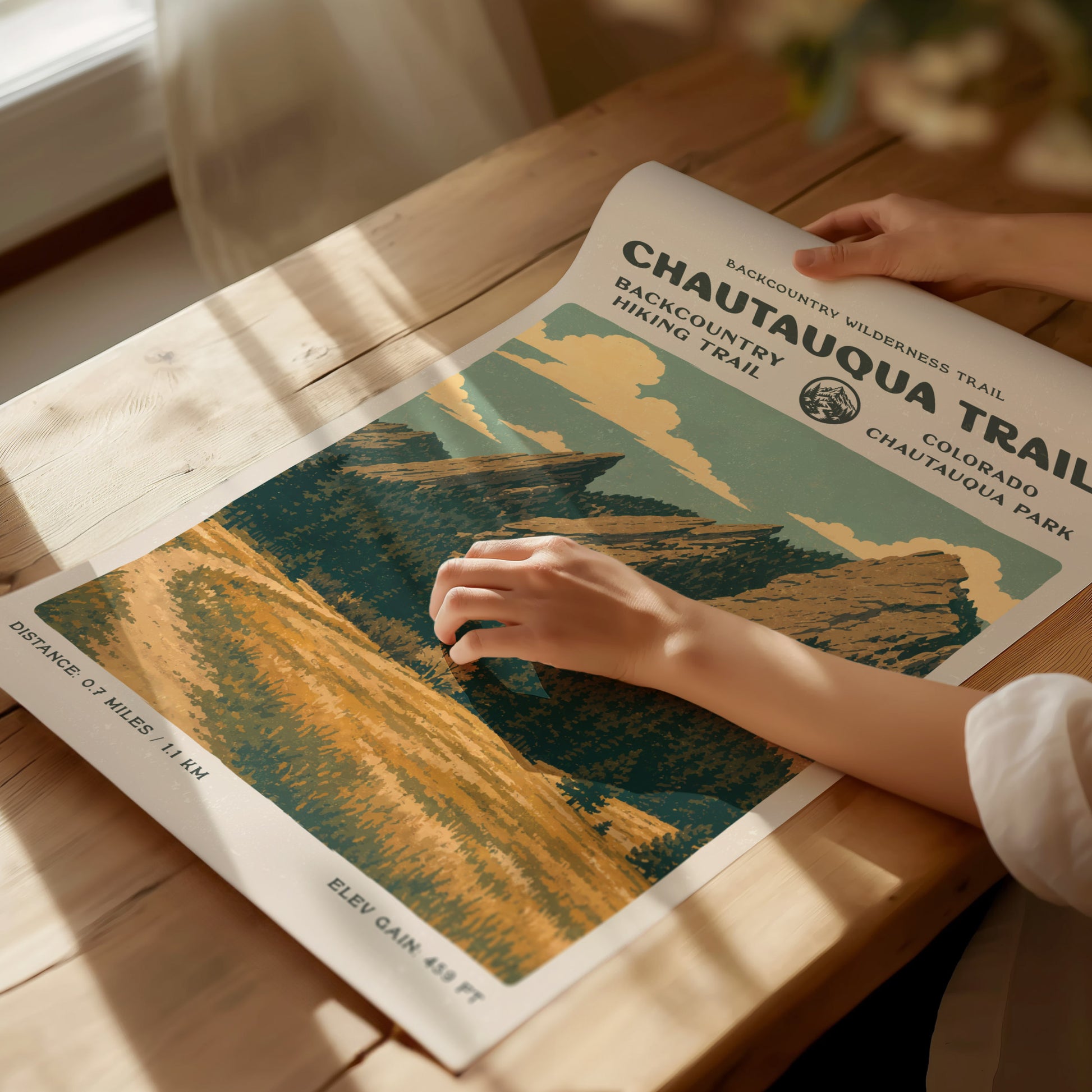 Chautauqua Trail, Boulder Poster | Hiker Gift | Flatirons Backcountry Block Print Wall Art — giclée print detail on matte pap