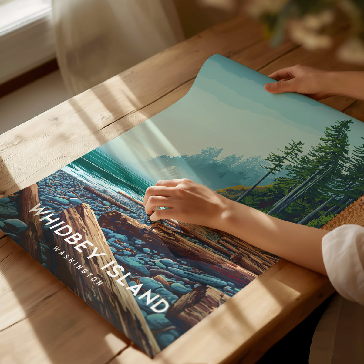 Whidbey Island, Washington Poster | Evergreen Shores & Sailboat Wall Art — giclée print detail on matte paper