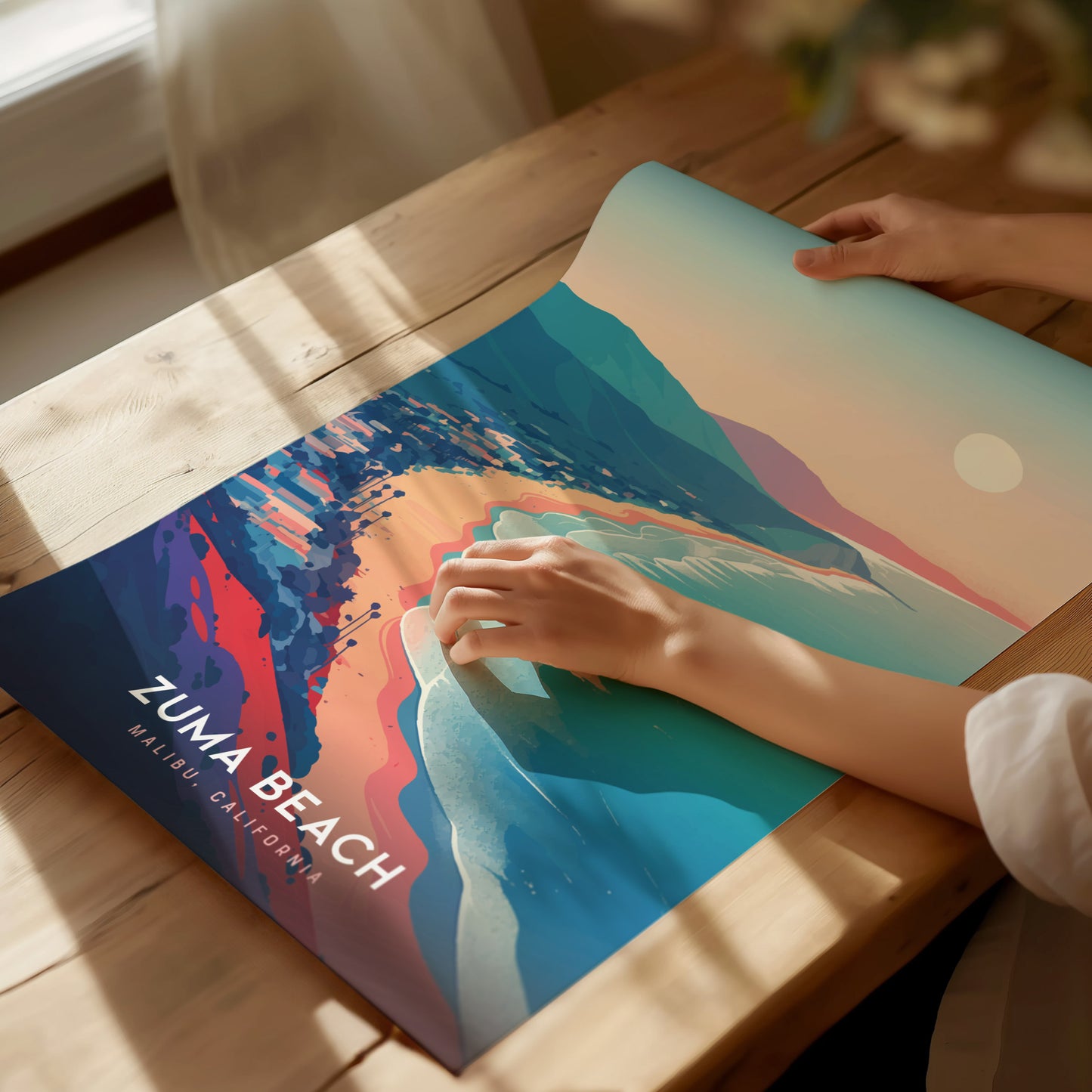 Framed Zuma Beach Malibu poster featuring vibrant teal, pink, and sandy beige colors, showcasing a serene coastal landscape art print.