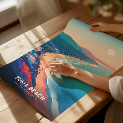 Framed Zuma Beach Malibu poster featuring vibrant teal, pink, and sandy beige colors, showcasing a serene coastal landscape art print.