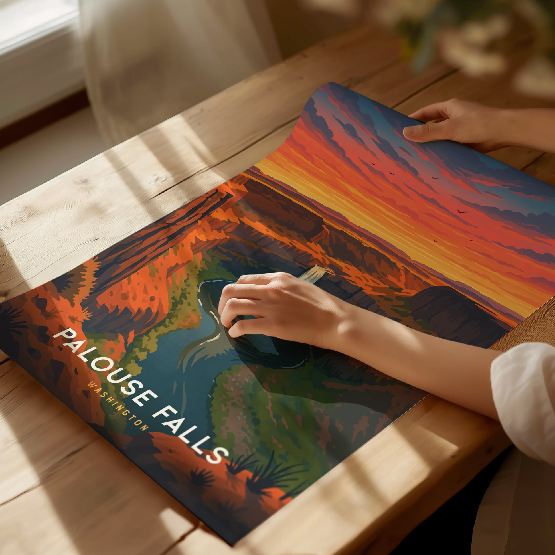Framed vintage poster of Palouse Falls at sunset, showcasing warm hues and stylized canyon landscape in travel art design.