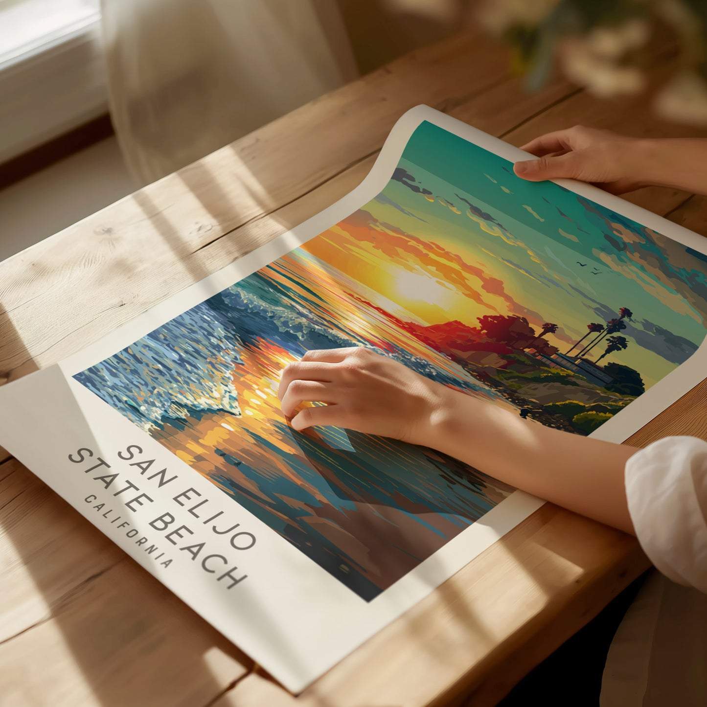 San Elijo State Beach Matte Border Poster | California Travel Wall Art — giclée print detail on matte paper