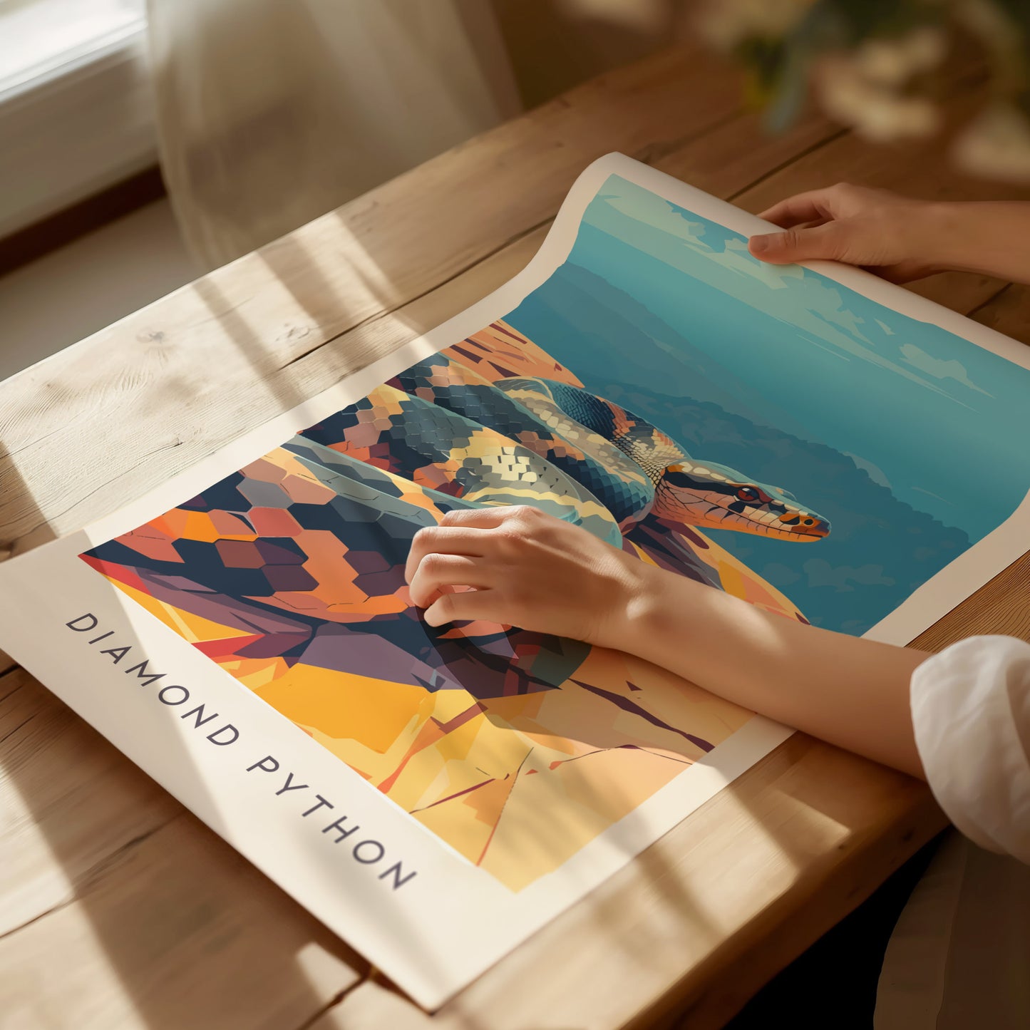 Diamond Python, Australia Poster | Serpent in the Sunlit Canopy Wall Art — giclée print detail on matte paper