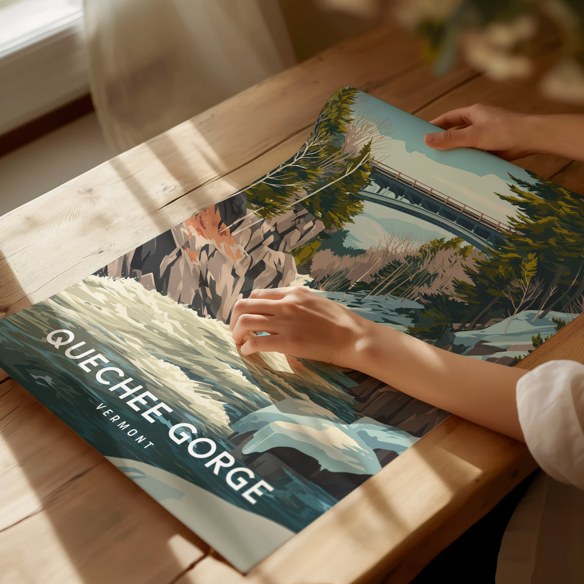 Quechee Gorge, Vermont Poster | Scenic Bridge & River Valley Wall Art — giclée print detail on matte paper