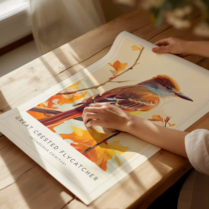 Great Crested Flycatcher Poster | Woodland Songbird Nature Wall Art — giclée print detail on matte paper