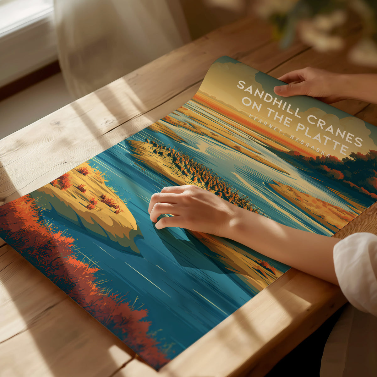 Sandhill Cranes on the Platte, Kearney, Nebraska Poster | Prairie Wildlife Travel Wall Art — giclée print detail on matte pap