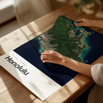 Framed aerial view of Honolulu, Hawaii, showcasing lush greens, blue ocean, and urban areas in detailed satellite print travel art.