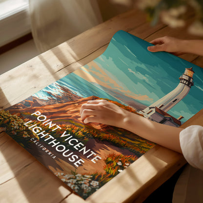 Point Vicente Lighthouse, California Poster | Pacific Cliffs & Beacon Wall Art — giclée print detail on matte paper