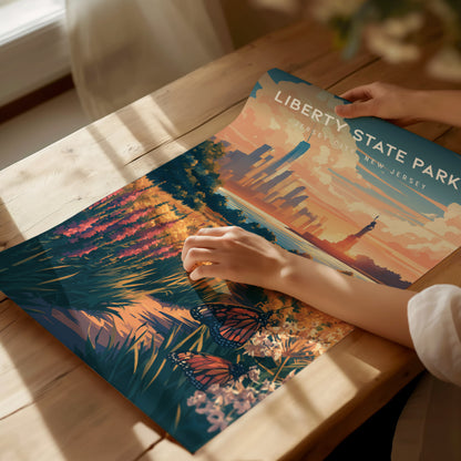 Liberty State Park, Jersey City, New Jersey Poster | Skyline & Harbor Travel Wall Art — giclée print detail on matte paper