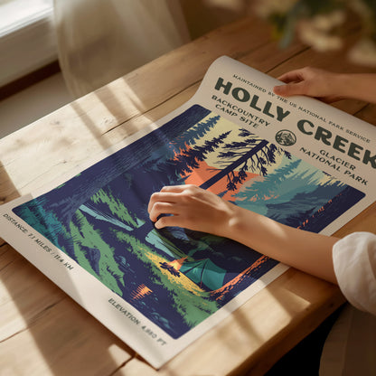 Holly Creek, Glacier National Park Poster | Hiker Gift | Backcountry Trail Wall Art — giclée print detail on matte paper