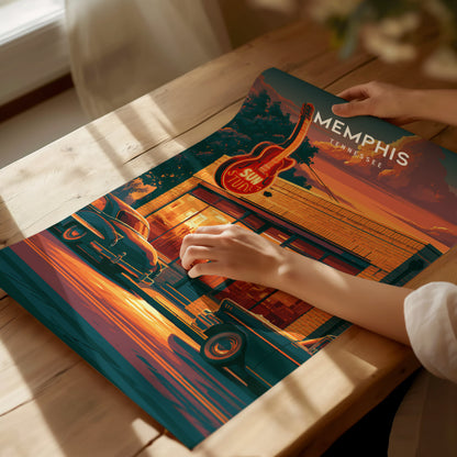 Memphis, Tennessee Poster | Blues & Beale Street Sunset Wall Art — giclée print detail on matte paper