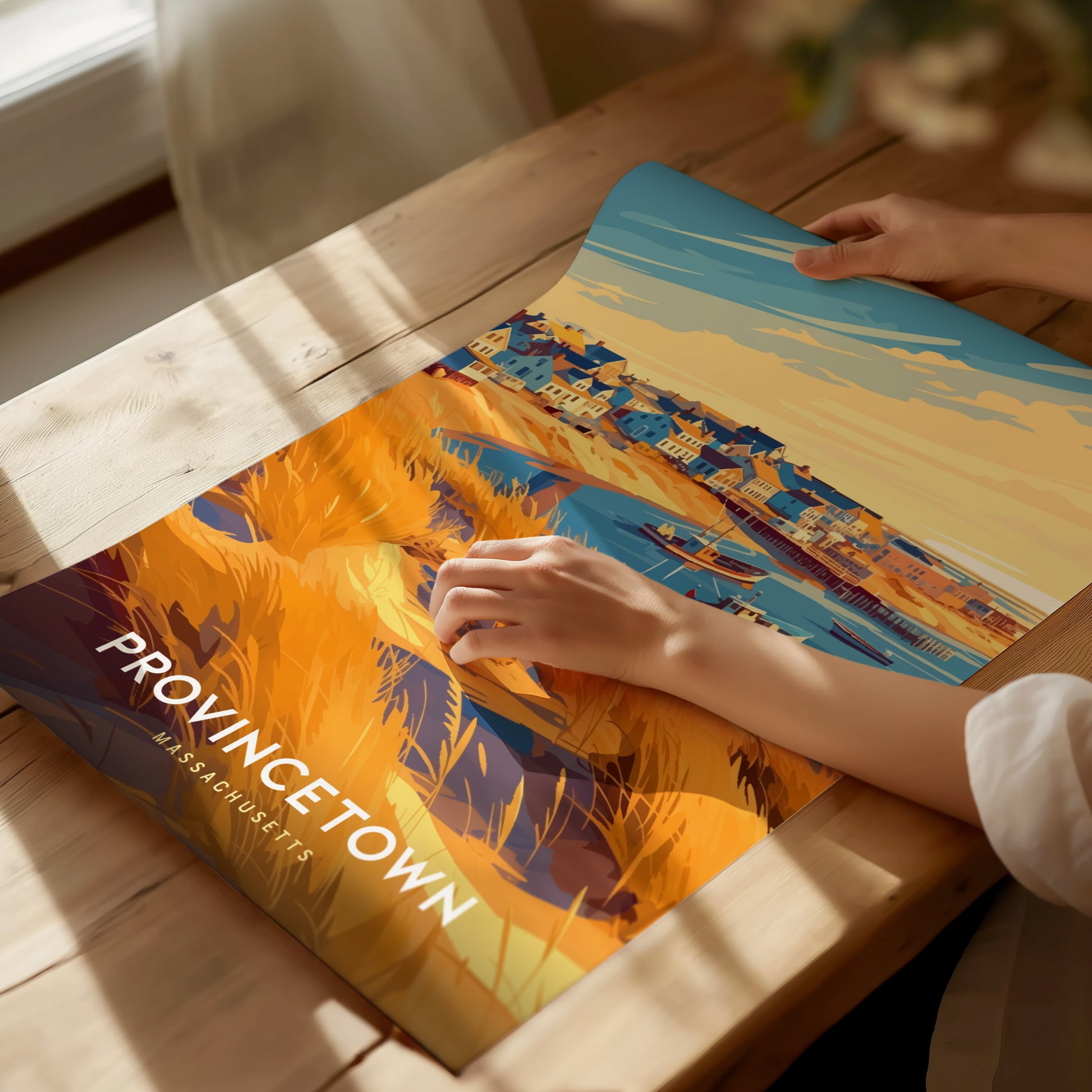 A person’s hands are seen holding an art print featuring a vibrant illustration of Provincetown, Massachusetts, with colorful buildings along a shoreline and a bright blue sky.