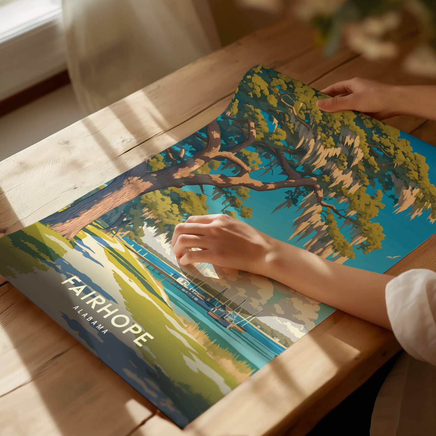 A person examines a vibrant Fairhope, Alabama poster on a wooden table, featuring a Southern live oak tree.