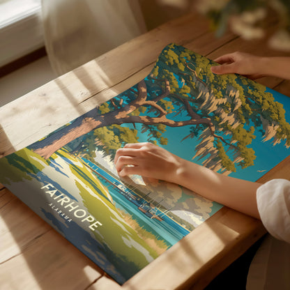 A person examines a vibrant Fairhope, Alabama poster on a wooden table, featuring a Southern live oak tree.