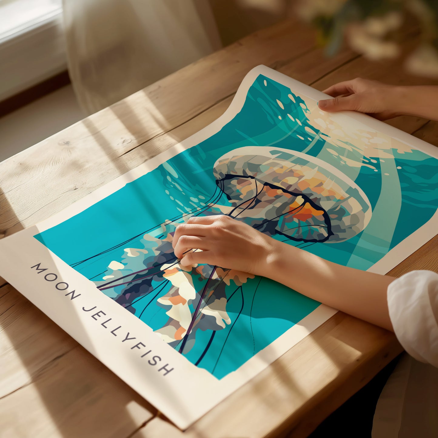 Moon Jellyfish Poster | Ethereal Ocean Drifters Wildlife Wall Art — giclée print detail on matte paper