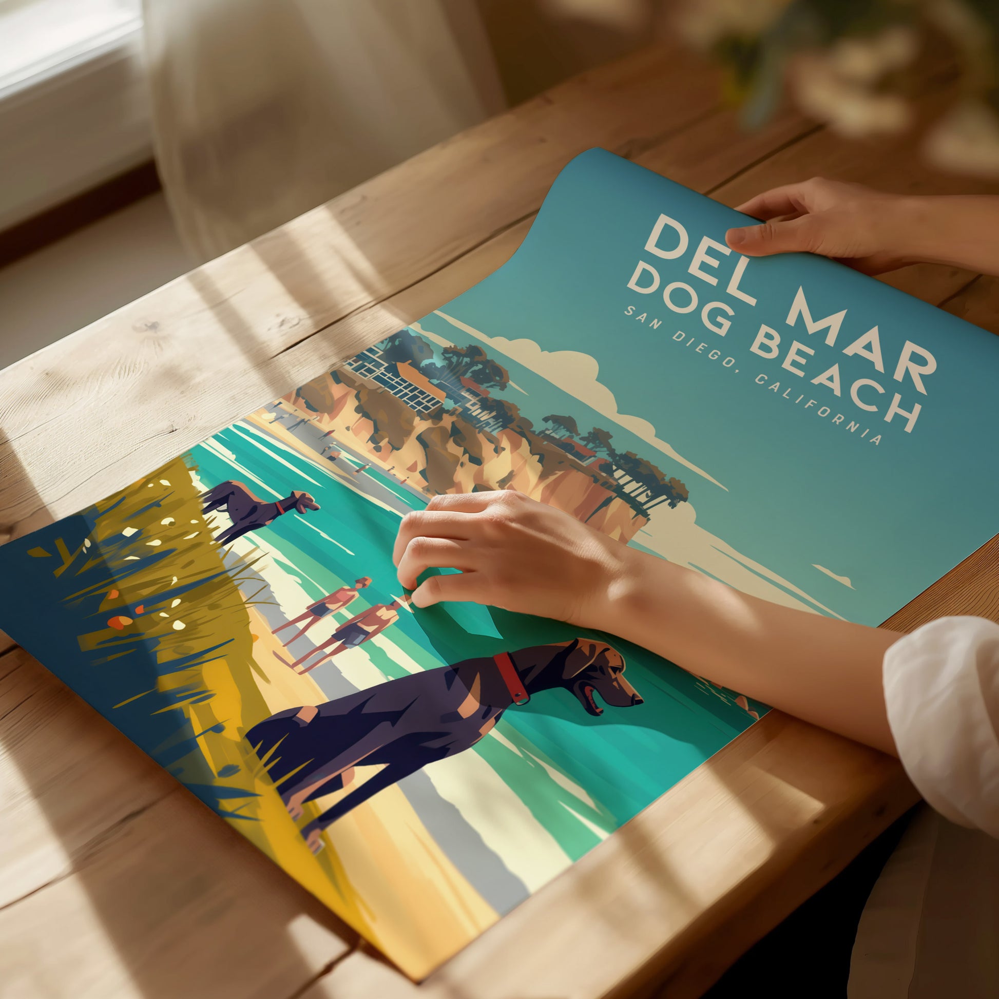 A person unrolls a colorful poster featuring Del Mar Dog Beach in San Diego, California, depicting dogs playing near the ocean with cliffs in the background.