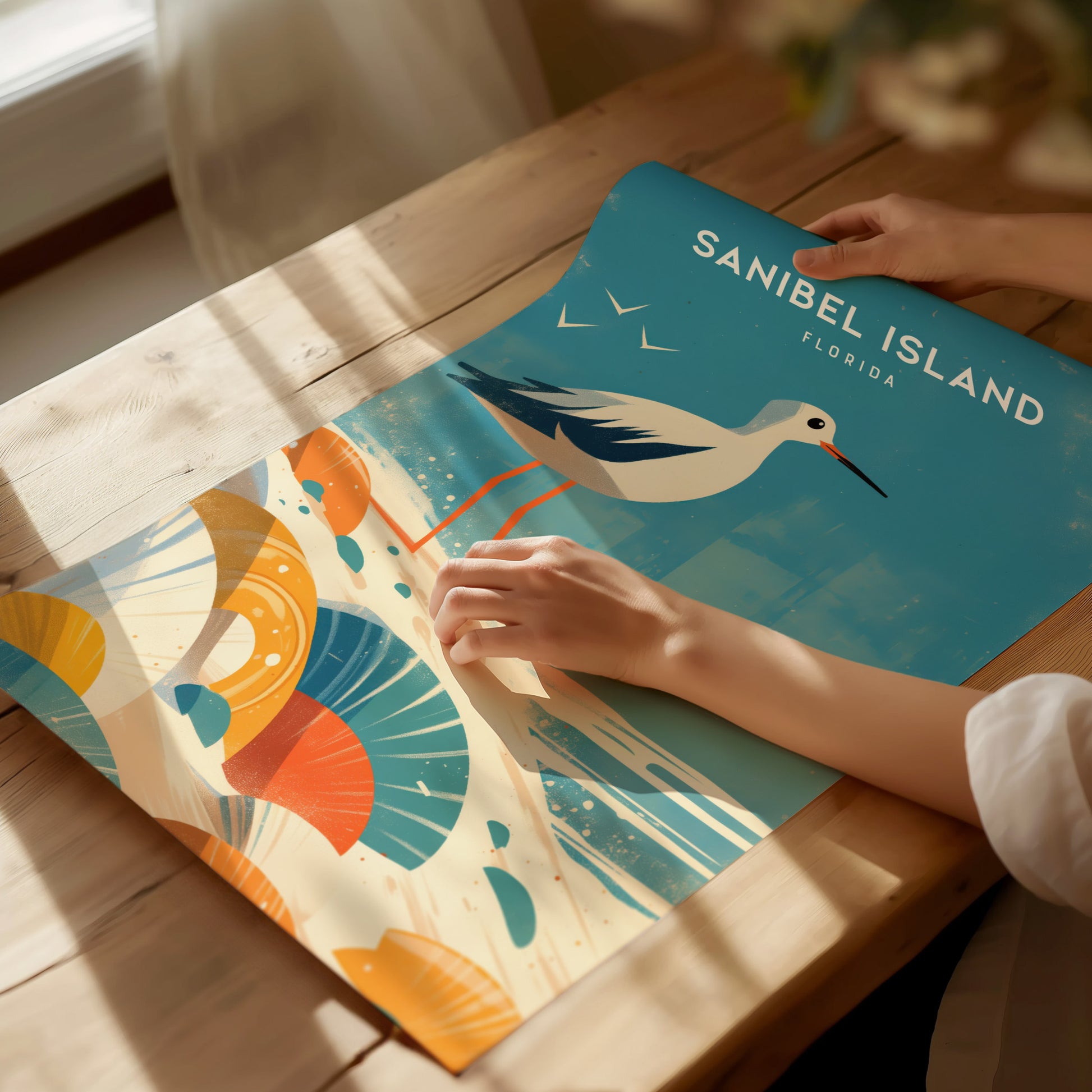 A person holds a colorful Sanibel Island poster featuring a sandpiper, seashells, and birds against a blue background, on a sunlit wooden table.