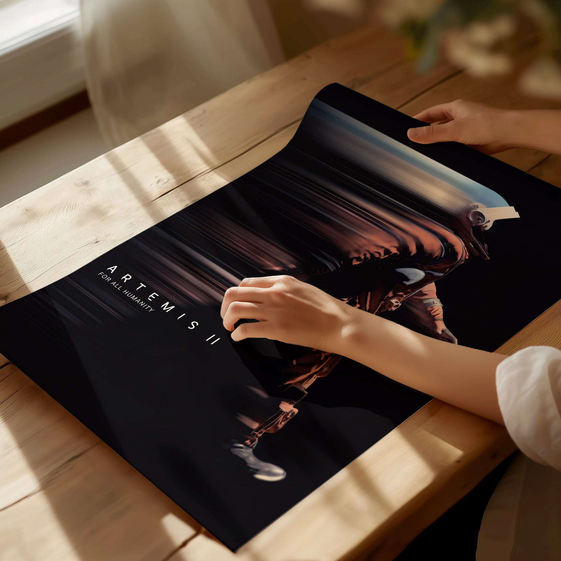 Unframed Artemis II mission poster printed on matte archival paper laid flat on a tabletop