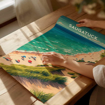 Saugatuck, Michigan Poster | Lakeside Dunes & Harbor Village Wall Art — giclée print detail on matte paper