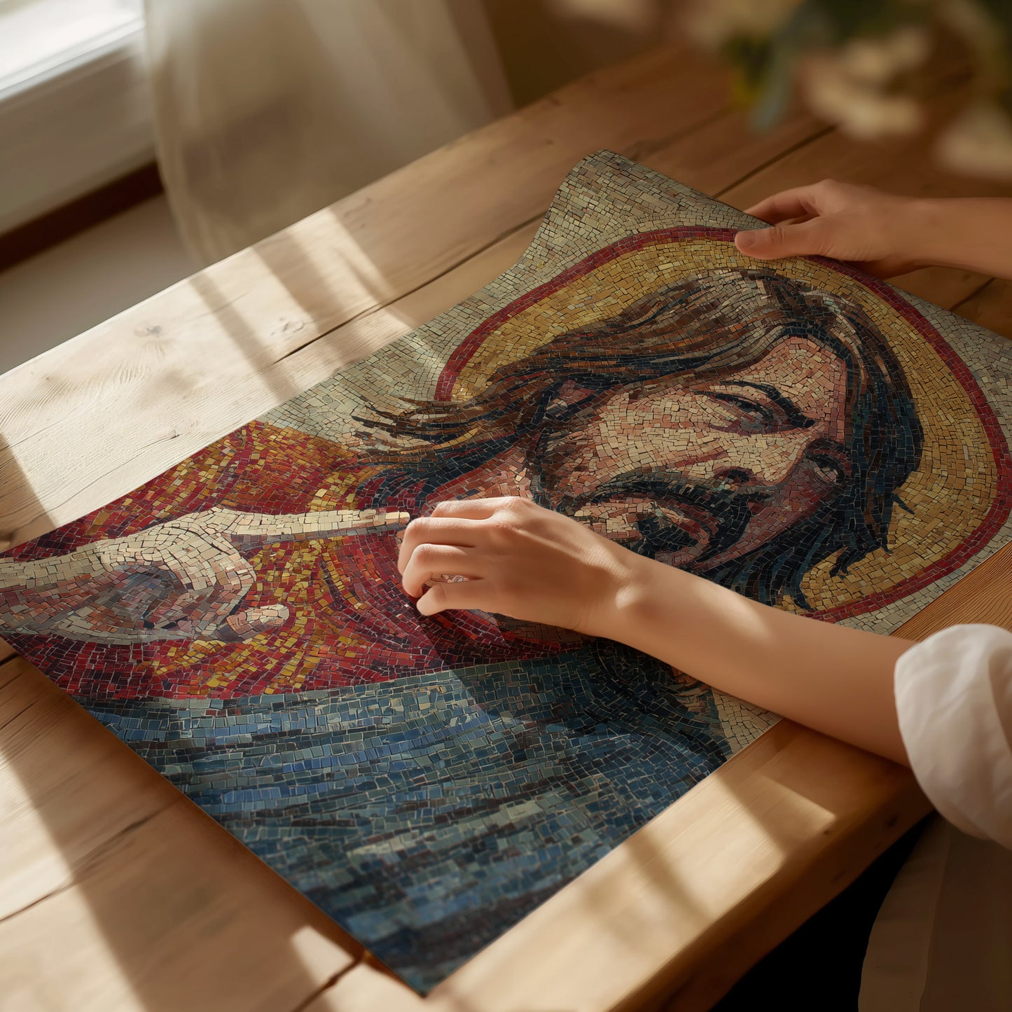 A person gently touches a vibrant mosaic artwork depicting a bearded figure with long hair, set against a rich background of red and blue tiles.