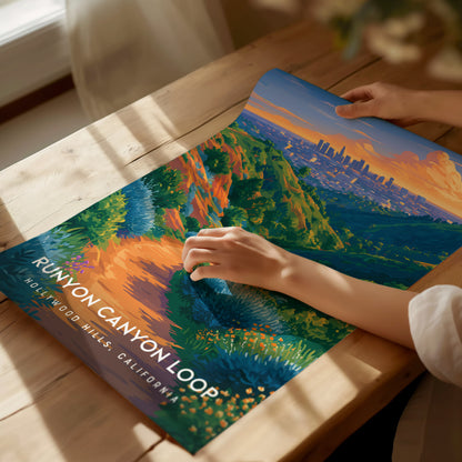 Runyon Canyon Loop, Hollywood Hills, California Poster | Hiking Trail & City Skyline Wall Art — giclée print detail on matte