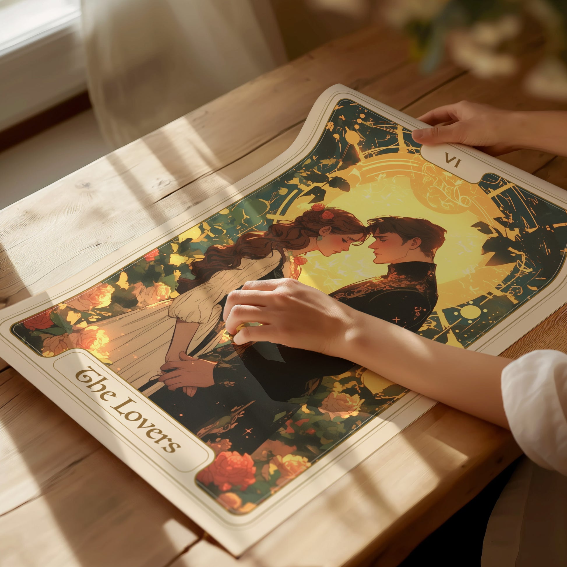 A person gently holds a vibrant Lovers Tarot Card poster, featuring two figures gazing into each others eyes amidst a backdrop of flowers and a glowing angelic figure.