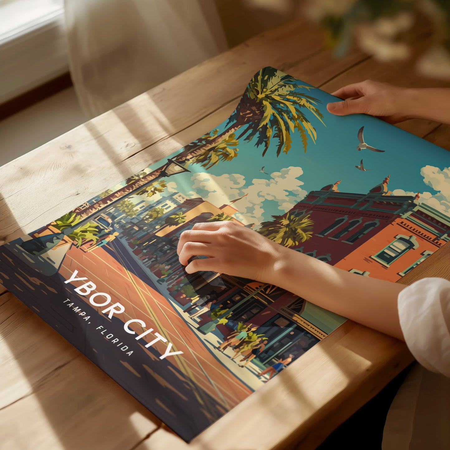 A person holds an Ybor City Tampa Florida poster on a wooden table. The poster features vibrant colors, palm trees, and historic buildings under a clear blue sky.