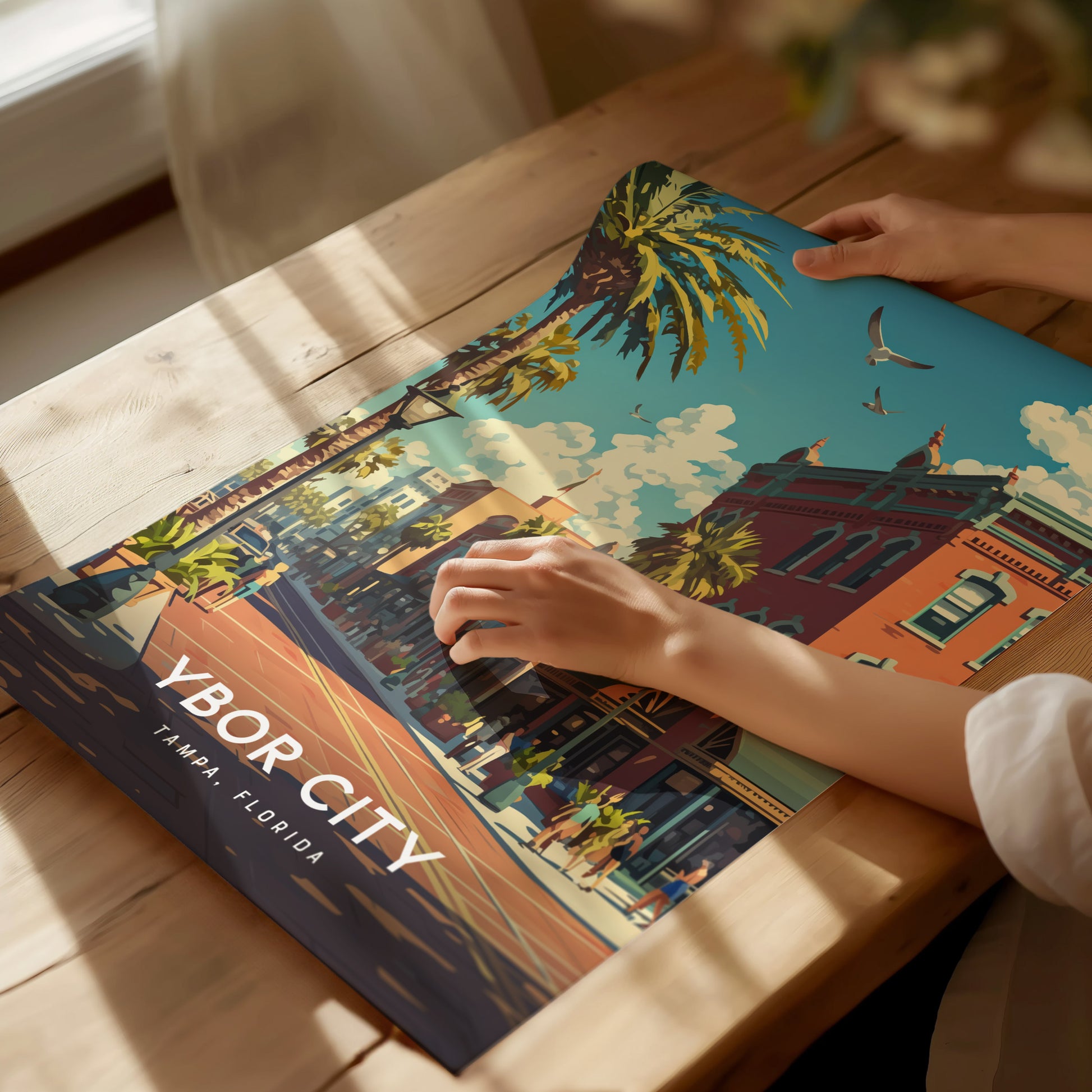A person holds an Ybor City Tampa Florida poster on a wooden table. The poster features vibrant colors, palm trees, and historic buildings under a clear blue sky.