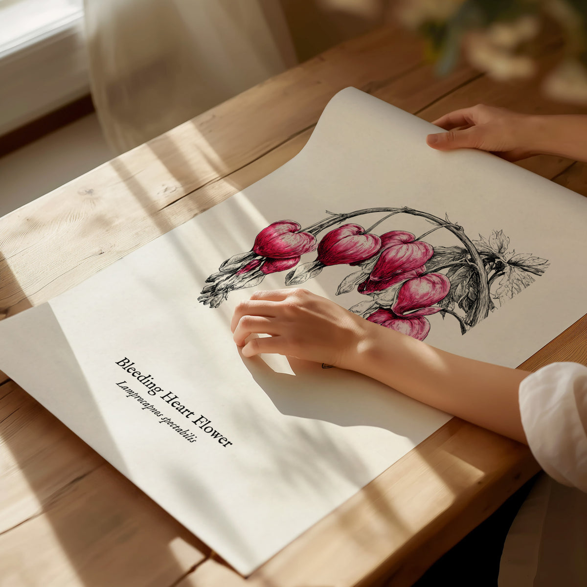 Bleeding Heart Flower Poster | Lamprocapnos spectabilis Pen and Ink Print Botanical Illustration Wall Art — giclée print deta