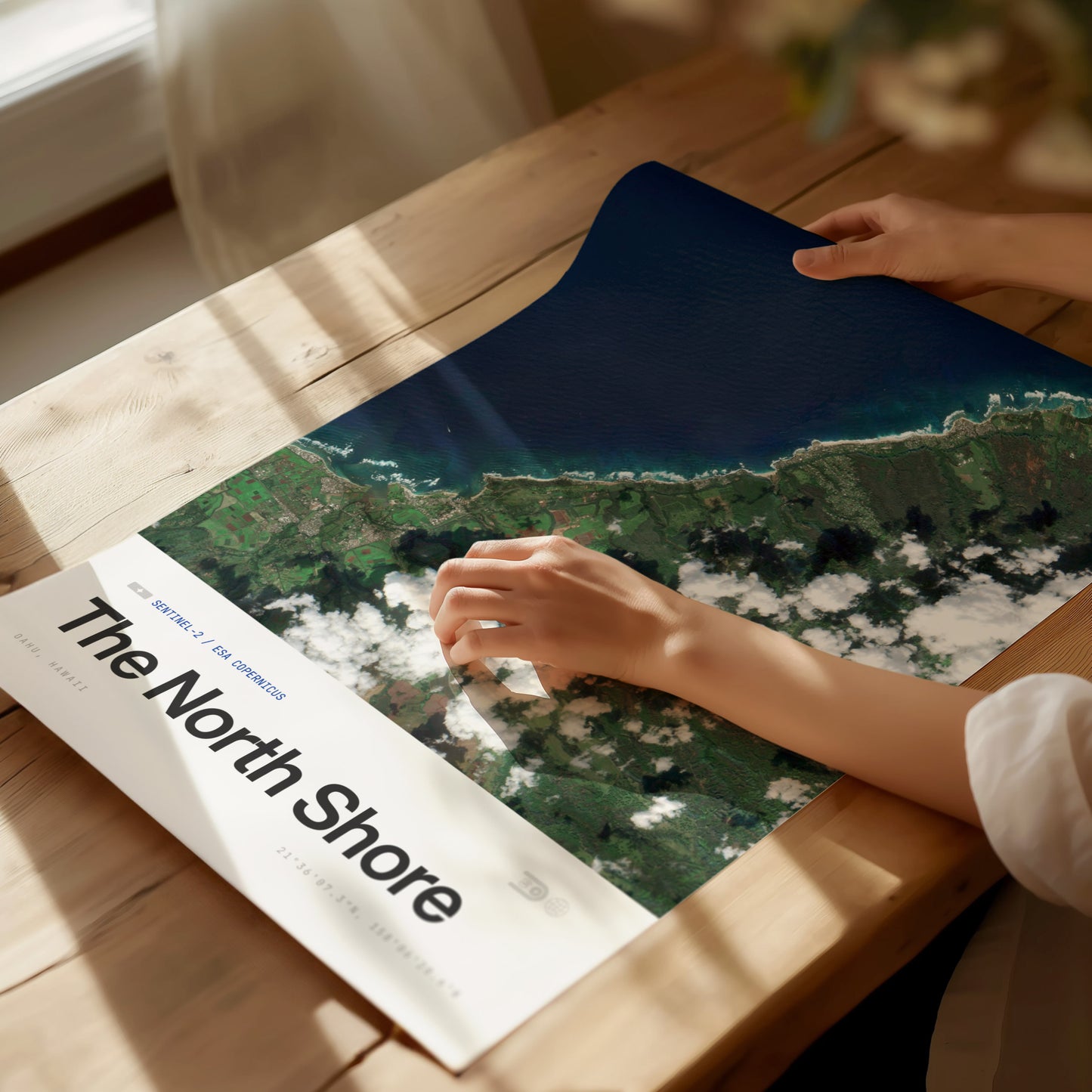 Framed satellite print of Oahu's North Shore, showcasing vibrant greens and blues, perfect for travel art enthusiasts.