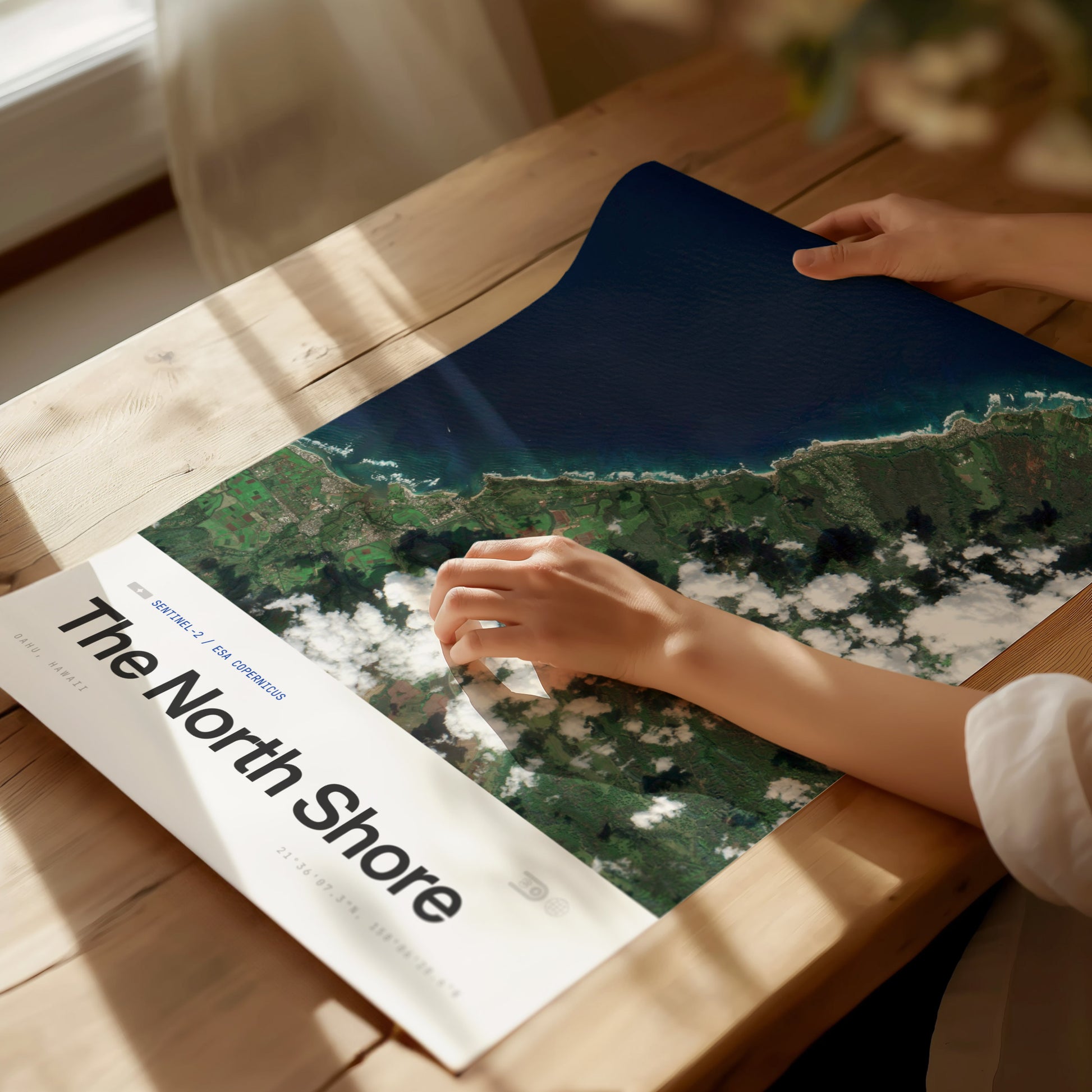 Framed satellite print of Oahu's North Shore, showcasing vibrant greens and blues, perfect for travel art enthusiasts.