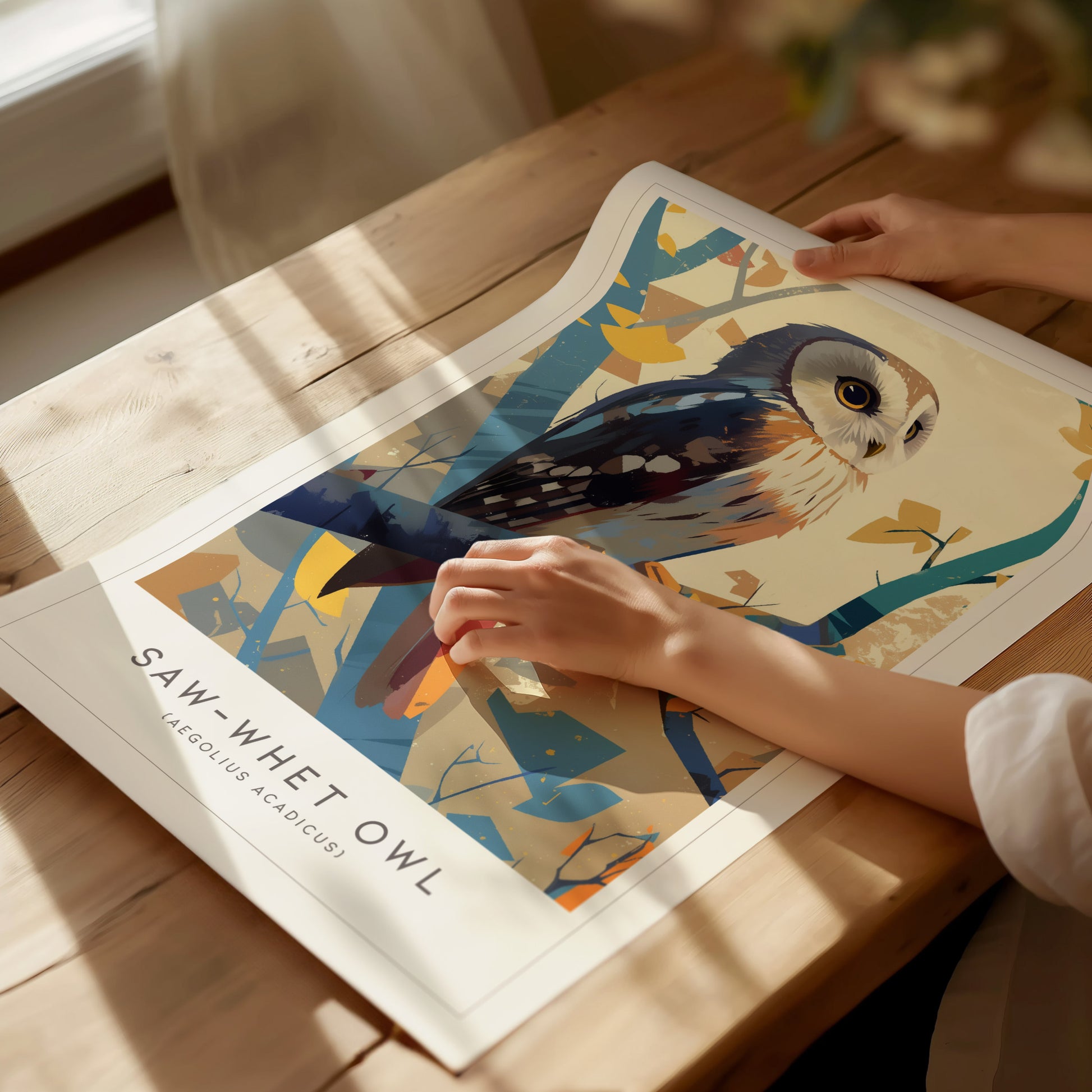 Saw-whet Owl Poster | Northern Forest Bird Art | Cabin Decor