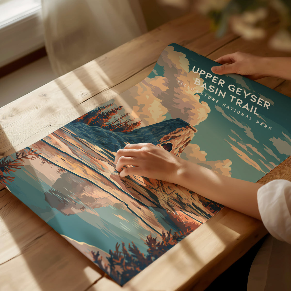 Upper Geyser Basin Trail, Yellowstone National Park Poster | Geothermal Wonders Travel Wall Art — giclée print detail on matt