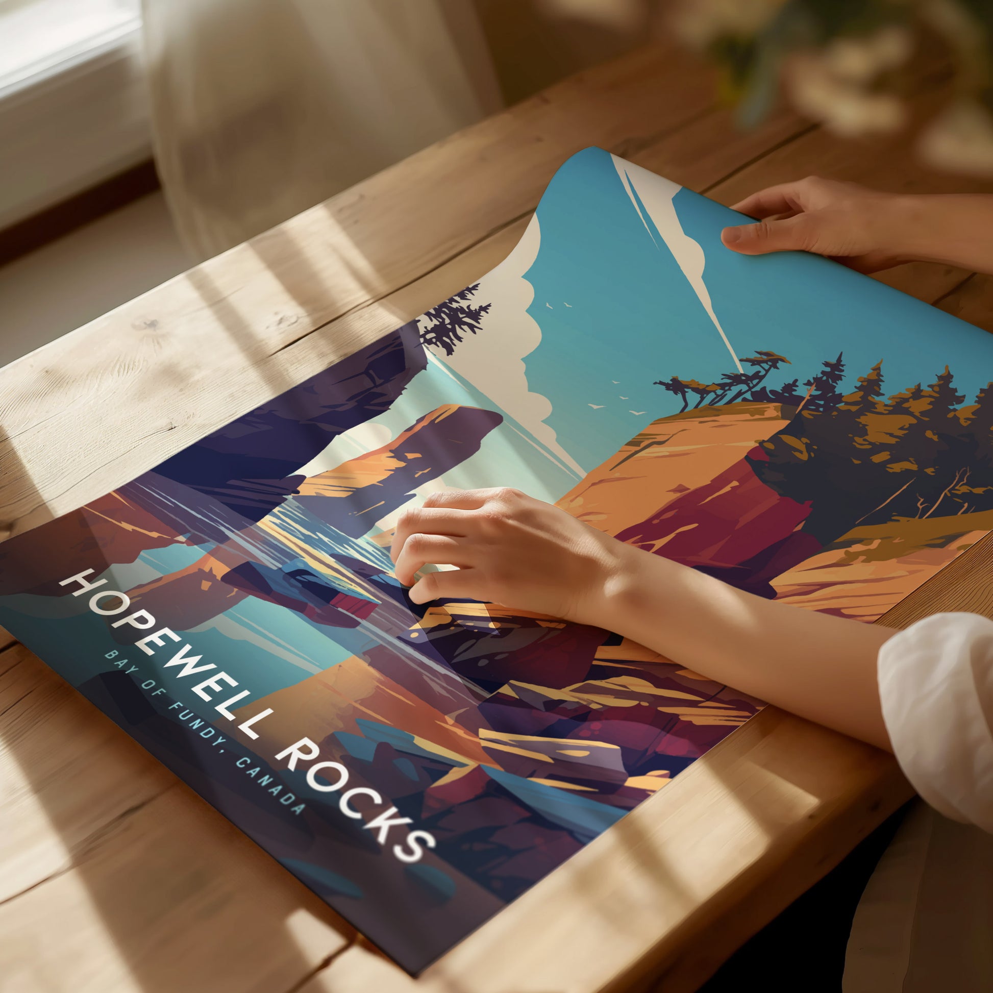 A person unrolls a colorful Hopewell Rocks poster on a wooden table, depicting dramatic cliffs and sea stacks under a bright blue sky.